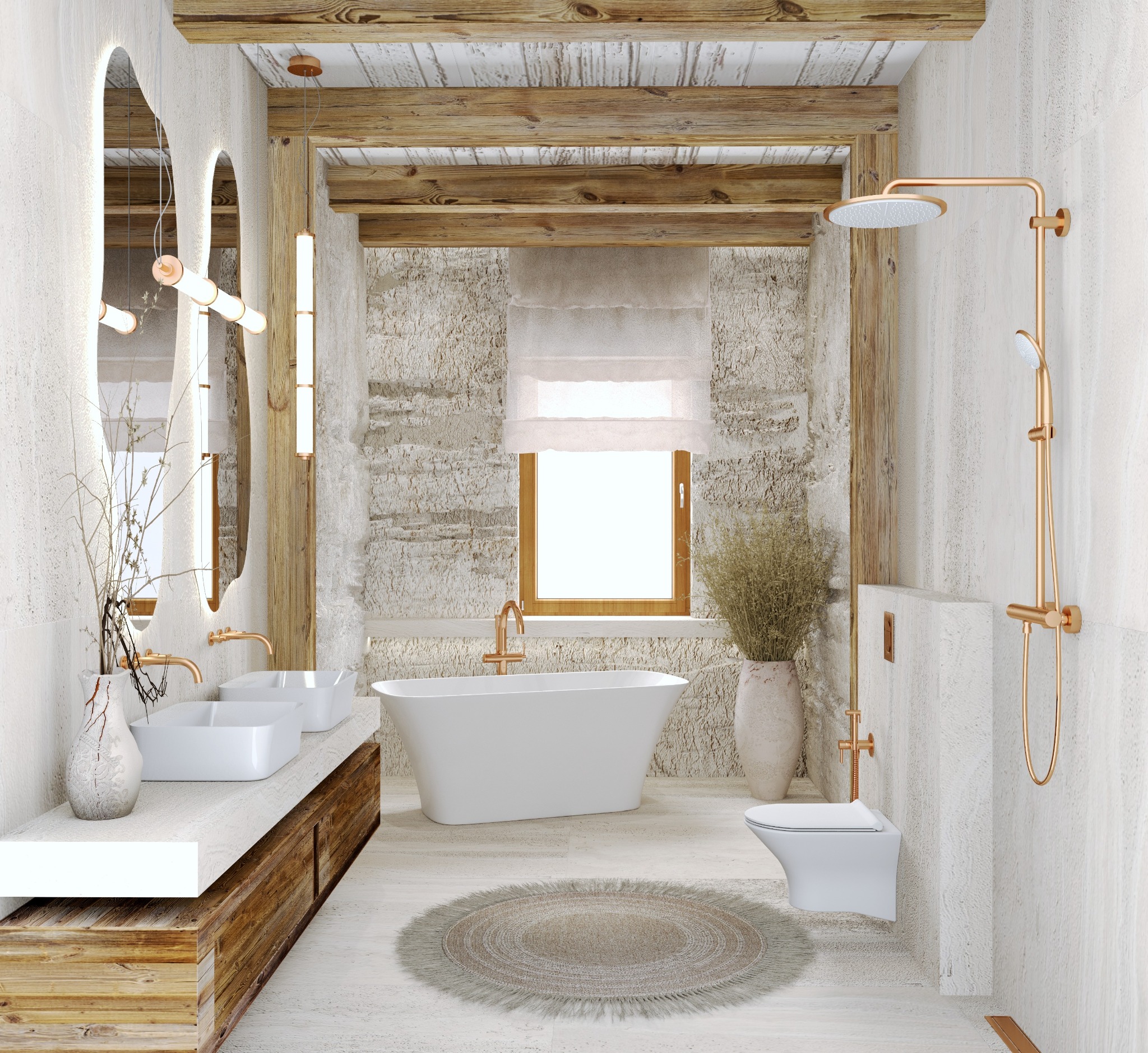 Jasna łazienka w stylu rustykalnym z drewnianymi belkami, kamienną ścianą, owalnym lustrem i złotą armaturą. Widoczna wanna, umywalki i toaleta.