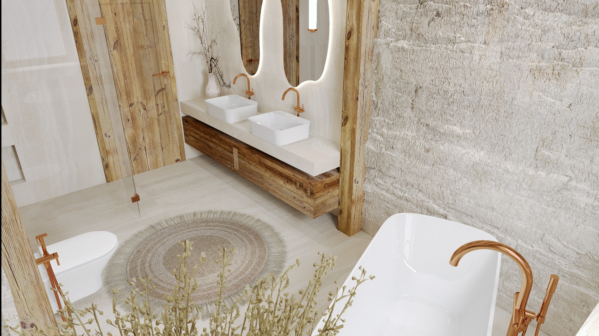 Nowoczesna łazienka w stylu rustykalnym z drewnianymi elementami, podwójną umywalką i owalnym lustrem z oświetleniem LED. Widoczna wanna i okrągły dywan.