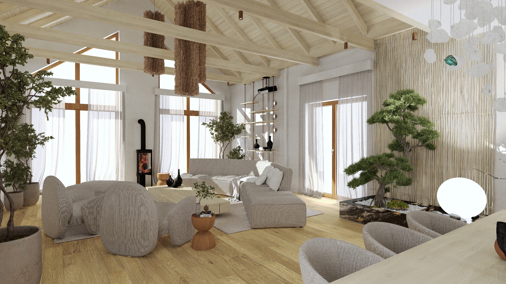 Jasne wnętrze z drewnianymi belkami stropowymi i dużymi oknami. W tle sofa, regał i kominek. Na pierwszym planie fotele i bonsai. Styl skandynawski z elementami boho.