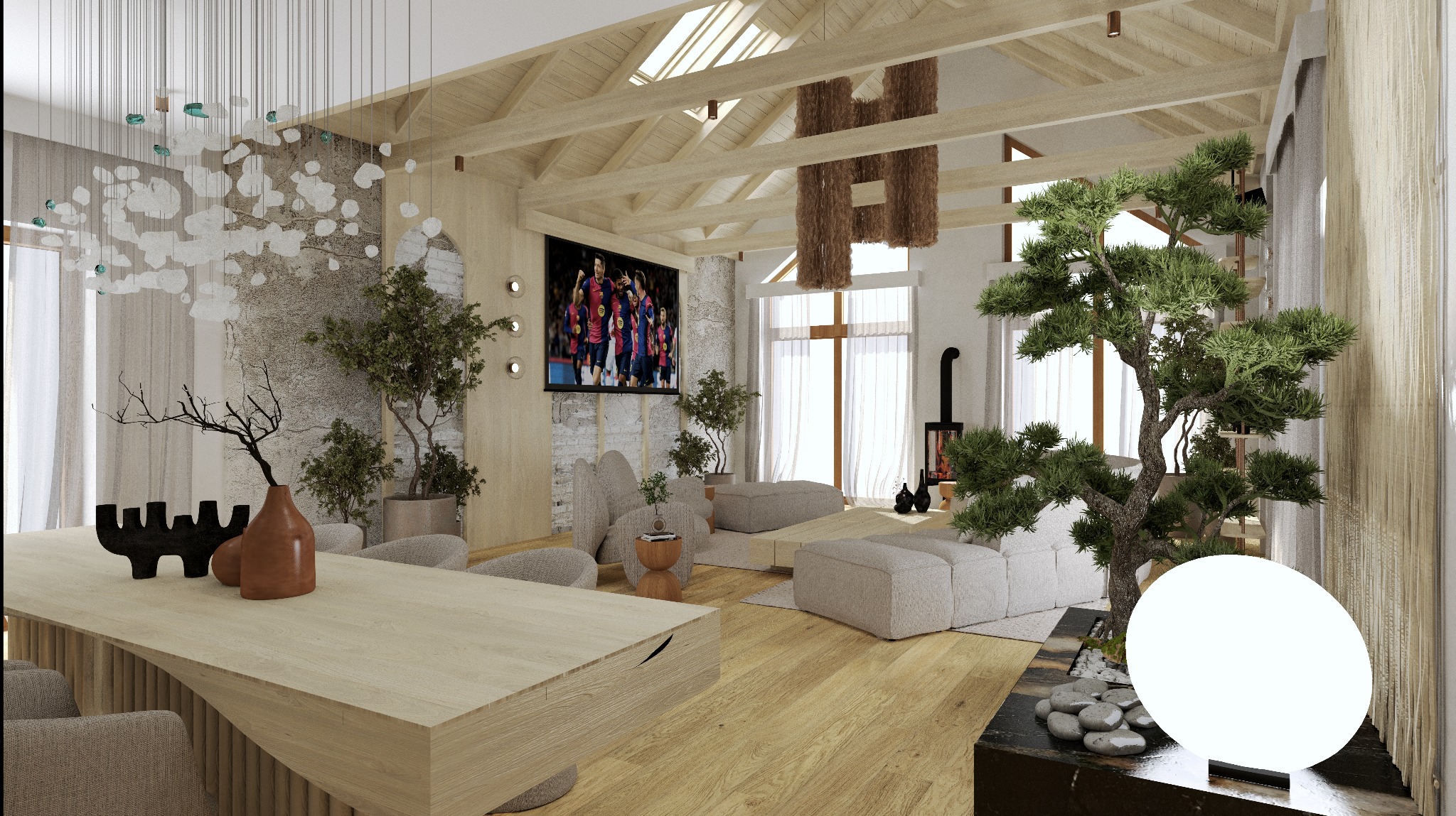 Jasne, przestronne wnętrze z drewnianymi belkami stropowymi i dużym oknem dachowym. W tle telewizor z meczem piłkarskim i dekoracje roślinne.