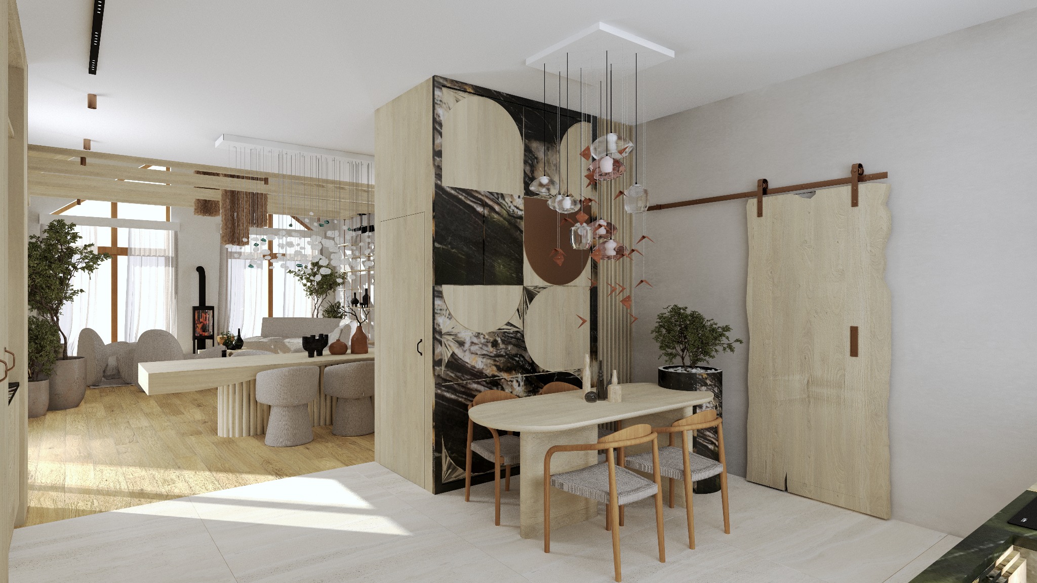 Nowoczesna jadalnia z drewnianym stołem i krzesłami, designerska lampa wisząca, dekoracyjna ściana z geometrycznym wzorem i przesuwnymi drzwiami.