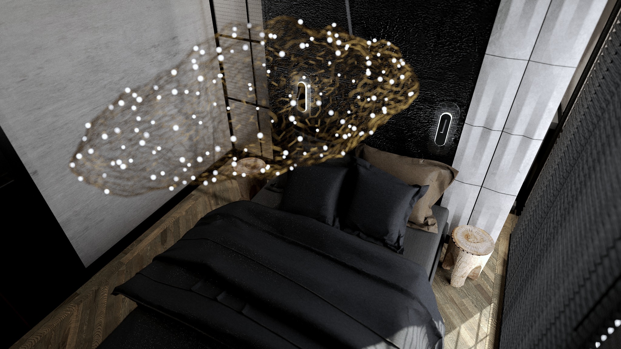 Nowoczesna sypialnia z czarną pościelą, drewnianą podłogą i dekoracyjnym oświetleniem. Widok z góry ukazuje minimalistyczny design i unikalne detale wykończenia.