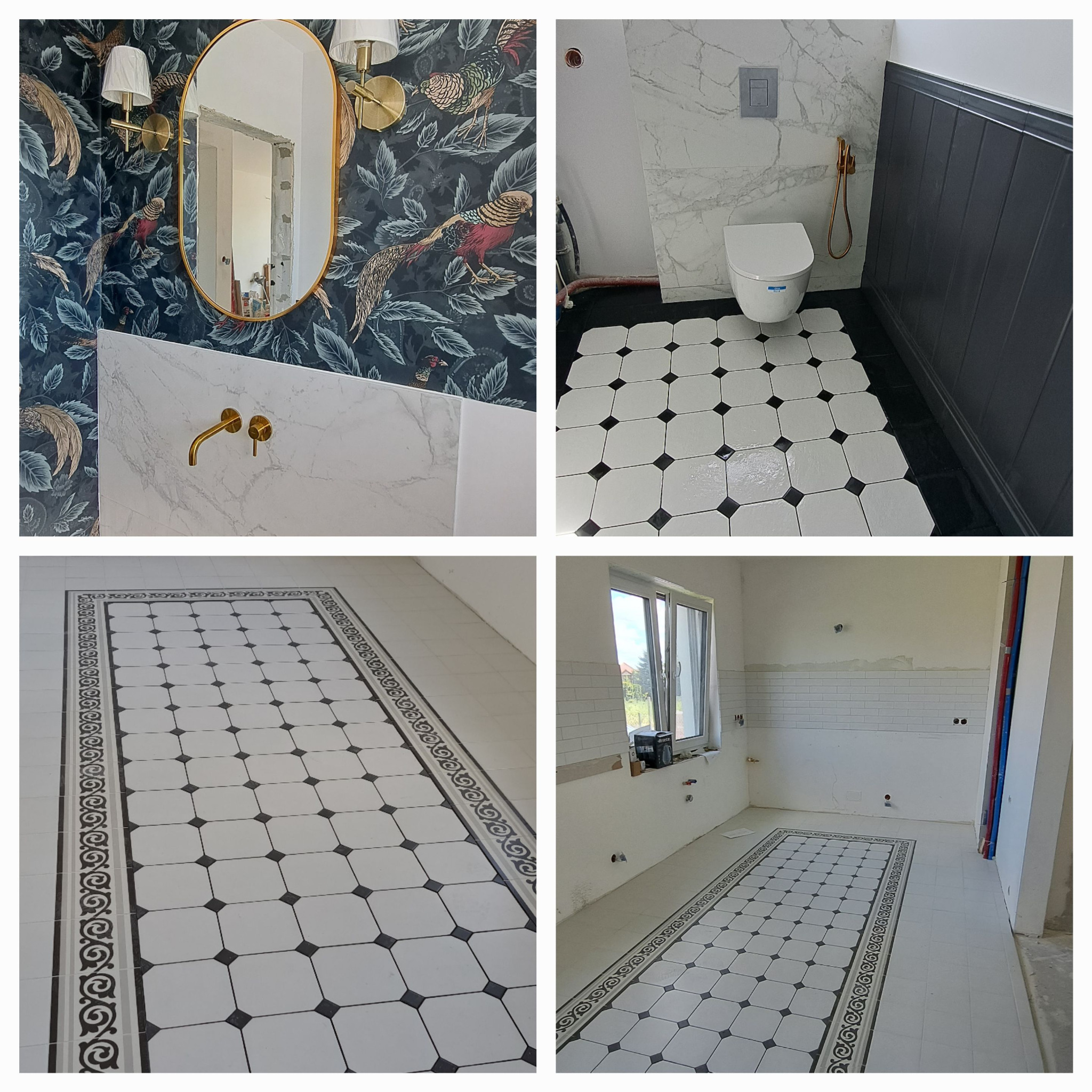 Czarno-biała, wzorzysta podłoga w łazience, widok z różnych perspektyw: fragment z toaletą, fragment z umywalką z tapetą w ptaki i fragment z widokiem na okno.