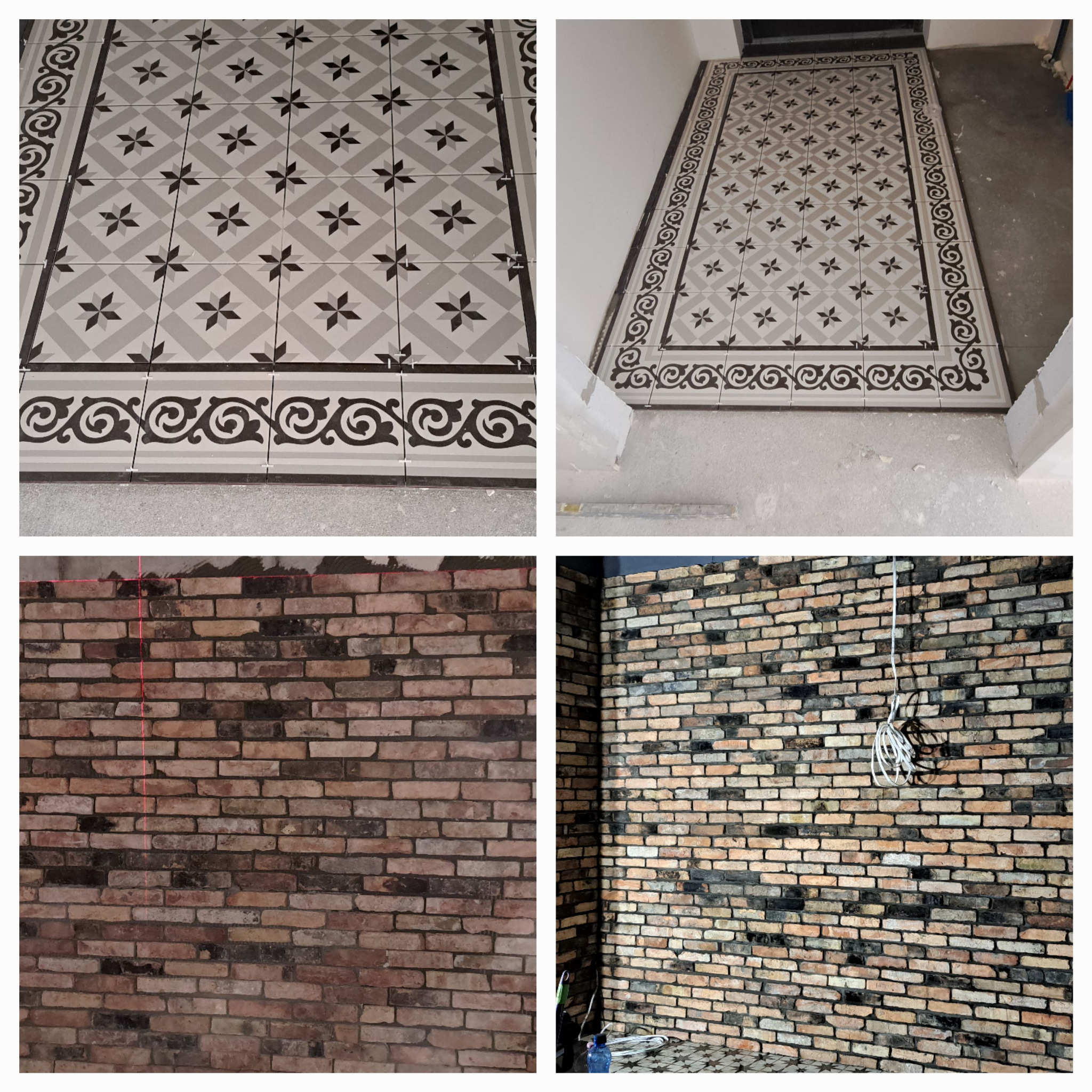 Kafelki podłogowe w stylu retro z dekoracyjnym obramowaniem, ułożone w trakcie prac wykończeniowych, oraz fragment ściany z cegły klinkierowej z widocznym przewodem elektrycznym.