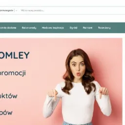Strona główna serwisu Promley.com z nagłówkiem, menu kategorii i banerem reklamowym. Kobieta z wyrazem zaskoczenia wskazuje palcami w dół na tekst 'Poznaj PROMLEY' i informacje o 11 milionach...