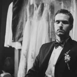 Czarno-białe zdjęcie portretowe mężczyzny w garniturze z muchą i butonierką, z zamkniętymi oczami, na tle sukni ślubnej i kamizelki.