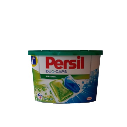 Luna24.pl - Pojemnik z kapsułkami do prania Persil Duo-Caps Universal, z widocznymi dwukolorowymi kapsułkami (zielona i niebieska) na opakowaniu, na białym tle.