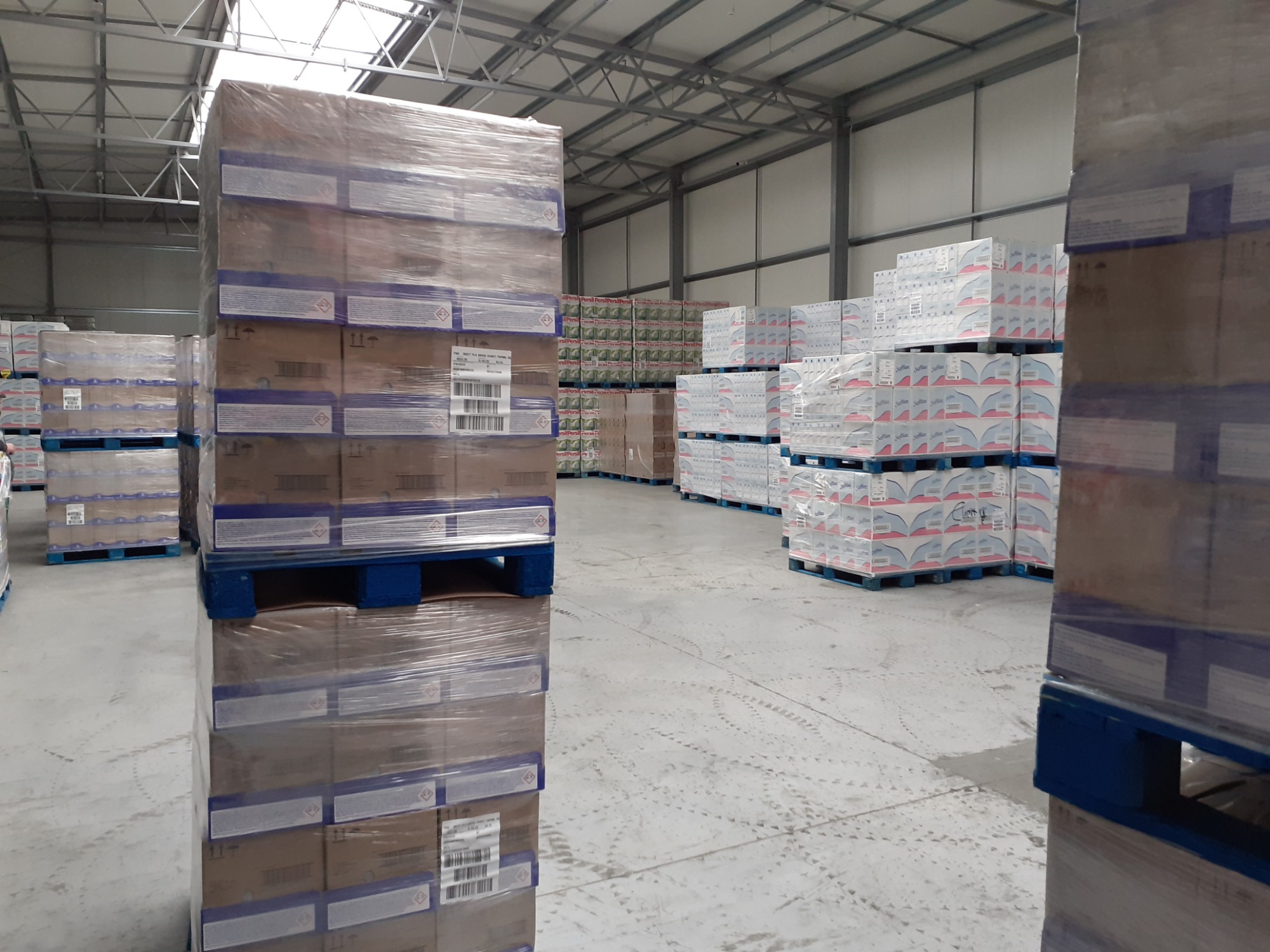 Wnętrze magazynu z paletami i kartonami owiniętymi folią, widoczne ślady kół na betonowej posadzce, metalowa konstrukcja dachu.