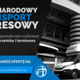 Grafika reklamowa z hasłem 'Międzynarodowy transport ekspresowy', prezentująca białą furgonetkę transportową z logo 'Express' na tle nowoczesnej architektury miejskiej.