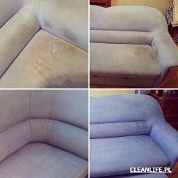 Clean Life Sp. z o.o. - Porównanie stanu kanapy przed i po czyszczeniu: widoczne plamy i zabrudzenia przed, jednolity kolor po, ujęcie z bliska na fragmenty tapicerki.