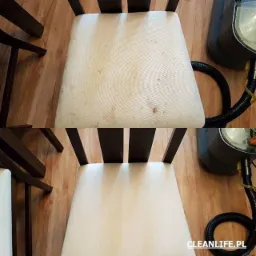 Krzesło tapicerowane z widoczną różnicą przed i po czyszczeniu, z użyciem odkurzacza piorącego, na drewnianej podłodze.