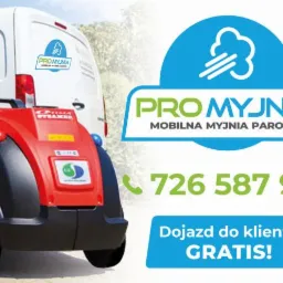 Grafika reklamowa mobilnej myjni parowej z czerwonym urządzeniem czyszczącym i białym vanem z logo firmy.