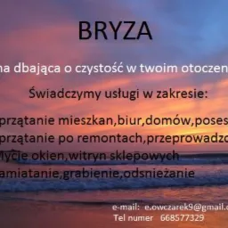 Folder reklamowy firmy sprzątającej Bryza z listą usług: sprzątanie mieszkań, biur, domów, posesji, sprzątanie po remontach, przeprowadzce, mycie okien, witryn sklepowych, zamiatanie, grabienie...