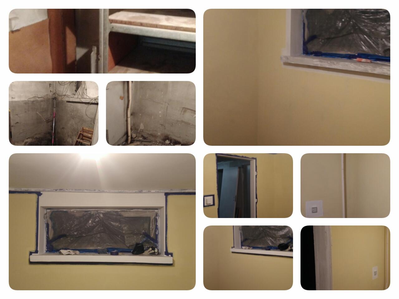 Mozaika zdjęć przedstawiająca etapy remontu: surowe ściany, przygotowanie okna z taśmą malarską i folią, pomalowane ściany na żółto, widoczny kontakt na ścianie.
