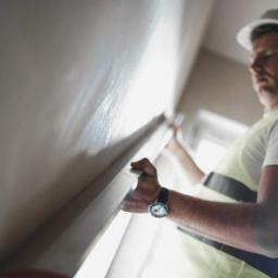 Wonderbud - Pracownik w kasku i kamizelce odblaskowej wygładza ścianę łatą, widoczny zegarek na ręce, świeżo położony tynk.