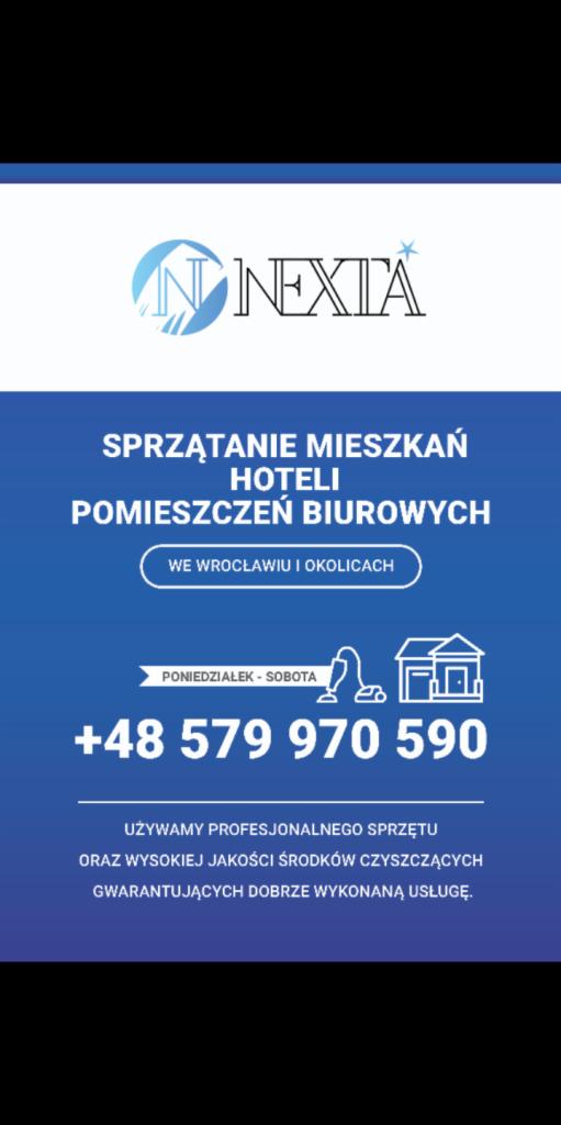 Reklama firmy sprzątającej Nexia, oferującej sprzątanie mieszkań, hoteli i pomieszczeń biurowych we Wrocławiu i okolicach, z podanym numerem telefonu i informacją o używaniu profesjonalnego sprzętu...
