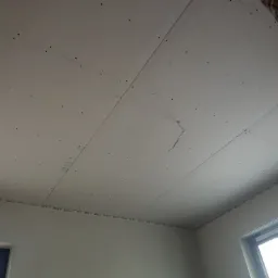 Sufit pokryty płytami gipsowo-kartonowymi, widoczne łączenia płyt oraz ślady po wkrętach, wystający kabel elektryczny, ściany przygotowane do dalszych prac wykończeniowych.