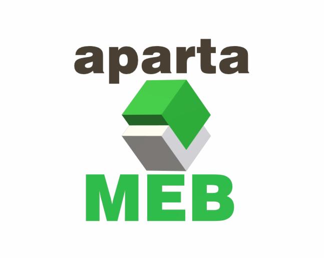 Logo firmy 'aparta MEB' z zielonym i szarym elementem graficznym przypominającym kostkę.