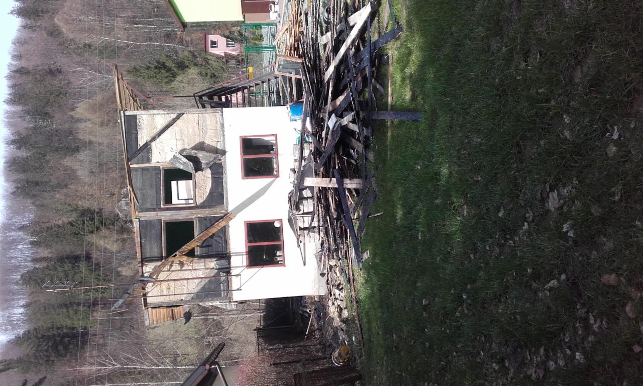 Dom w trakcie remontu z widocznymi elementami konstrukcyjnymi, fragmentami ocieplenia i stertą drewnianych odpadów na trawniku, na tle lasu.