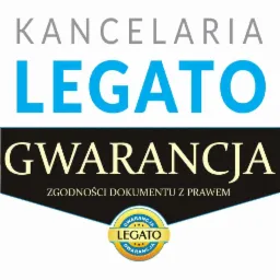 Grafika Kancelarii Legato z hasłem 'Gwarancja zgodności dokumentu z prawem' na czarnym tle i okrągłym logo.