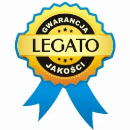 Złota rozeta z napisem LEGAO, otoczona napisem GWARANCJA JAKOŚCI i ozdobiona niebieską wstążką.