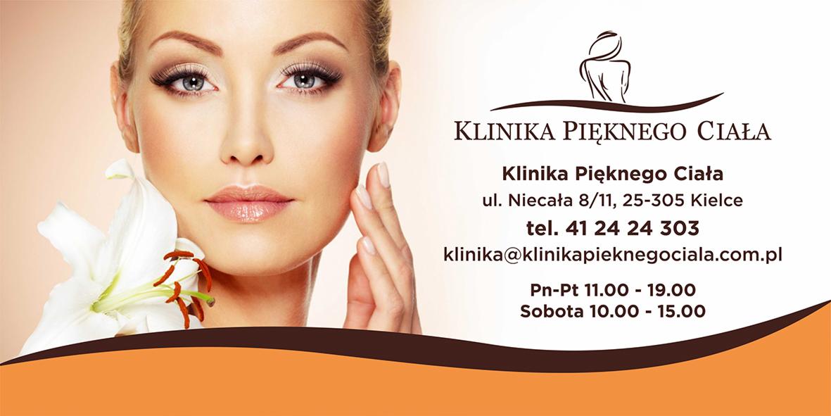 Portret kobiety z profesjonalnym makijażem oczu i ust, z białym kwiatem lilii przy twarzy, na tle reklamy Kliniki Pięknego Ciała w Kielcach.