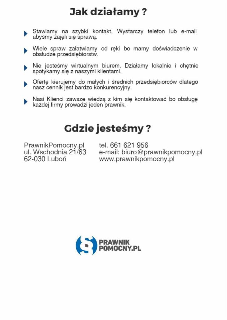 Tekst informacyjny kancelarii prawnej z hasłami 'Jak działamy?' i 'Gdzie jesteśmy?', zawierający opis świadczonych usług, dane kontaktowe i adres siedziby.