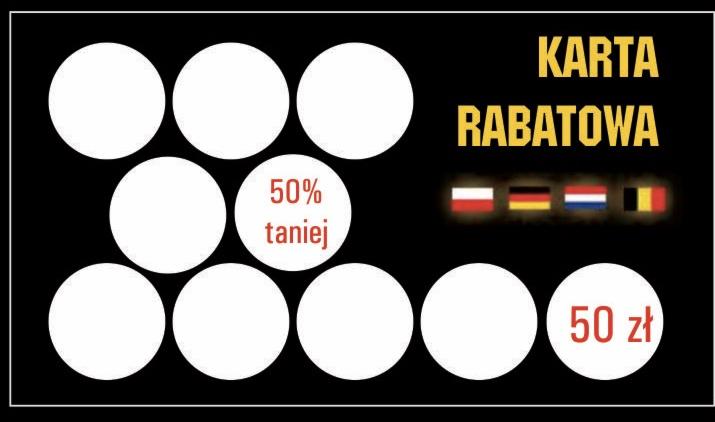 Karta rabatowa z białymi polami do wypełnienia, z informacją o 50% zniżce i 50 zł rabatu, oraz flagami Polski, Niemiec, Holandii i Belgii.