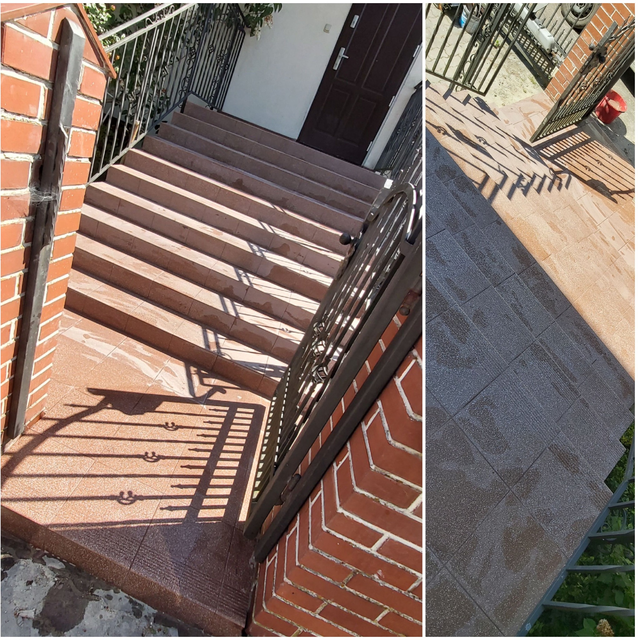 Wyłożone płytkami schody wejściowe z metalową balustradą i ceglanymi słupkami, widoczne cienie rzucane przez balustradę na płytki.