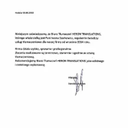Skan pisma referencyjnego dla biura tłumaczeń HERON TRANSLATIONS, wystawionego przez Agencję Reklamową Grupa.3 z Krakowa, datowanego na 15.06.2015, z podpisem właściciela Stanisława Jasonka.