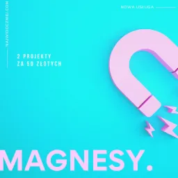Grafika reklamowa z różowym magnesem i błyskawicami na turkusowym tle, oferta '2 projekty za 50 złotych', napis 'MAGNESY', 'NOWA USŁUGA' oraz adres strony internetowej.