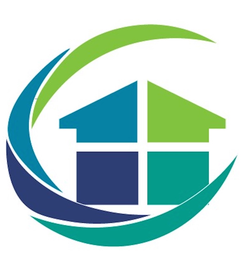 Logo firmy z Sosnowca przedstawiające stylizowany dom w odcieniach niebieskiego i zieleni, otoczony łukowatymi elementami.