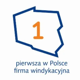 Logo firmy: kontur Polski w kolorze niebieskim, pomarańczowa cyfra 1 wewnątrz i napis 'pierwsza w Polsce firma windykacyjna' poniżej.