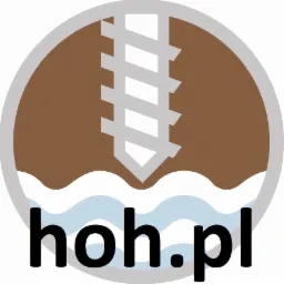 Grafika przedstawia wiertło w okręgu z brązowym tłem, przecinające biało-niebieskie fale, z tekstem 'hoh.pl' poniżej.