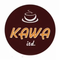 Logo firmy Kawa itd. na brązowym tle, z białą filiżanką kawy stylizowaną na parujący napój.