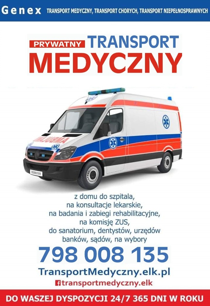 Ambulans medyczny firmy z Ełku, oferującej transport medyczny, widoczny z boku, z niebieskimi światłami ostrzegawczymi i czerwono-niebieskimi pasami. Na karoserii widnieje logo firmy i hasło...