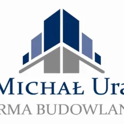 Logo firmy budowlanej Michał Ura z abstrakcyjnym symbolem budynku w odcieniach niebieskiego i szarości.