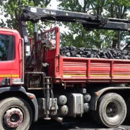 Czerwona ciężarówka z hydraulicznym żurawiem załadowana węglem, widok z boku na tle zieleni drzew.