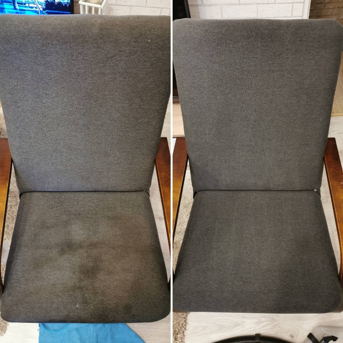 Krzesło tapicerowane w odcieniach szarości, ujęcie typu 'przed i po' czyszczeniu, widoczne różnice w zabrudzeniach na siedzisku, drewniane podłokietniki.