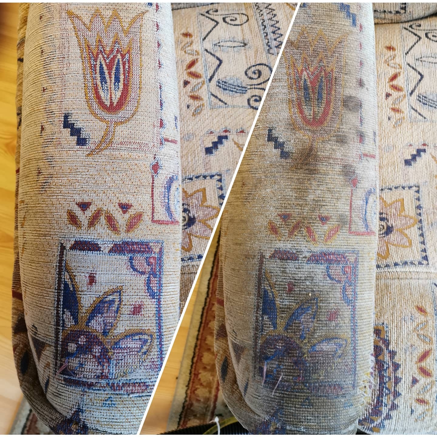 Ramię fotela tapicerowanego podzielone na dwie części: po lewej stronie czyste, po prawej zabrudzone, ukazujące efekt czyszczenia.