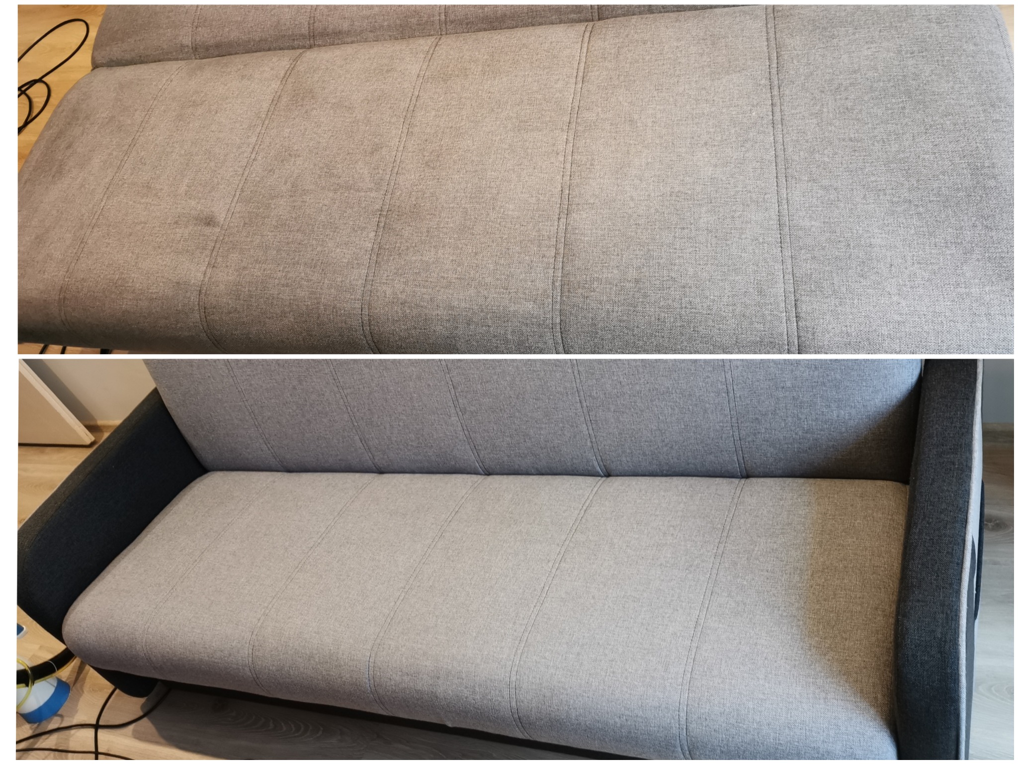 Dwuczęściowe ujęcie sofy: górna część pokazuje zabrudzoną tapicerkę, dolna część prezentuje sofę po czyszczeniu, z widocznym efektem odświeżenia koloru i usunięcia plam.