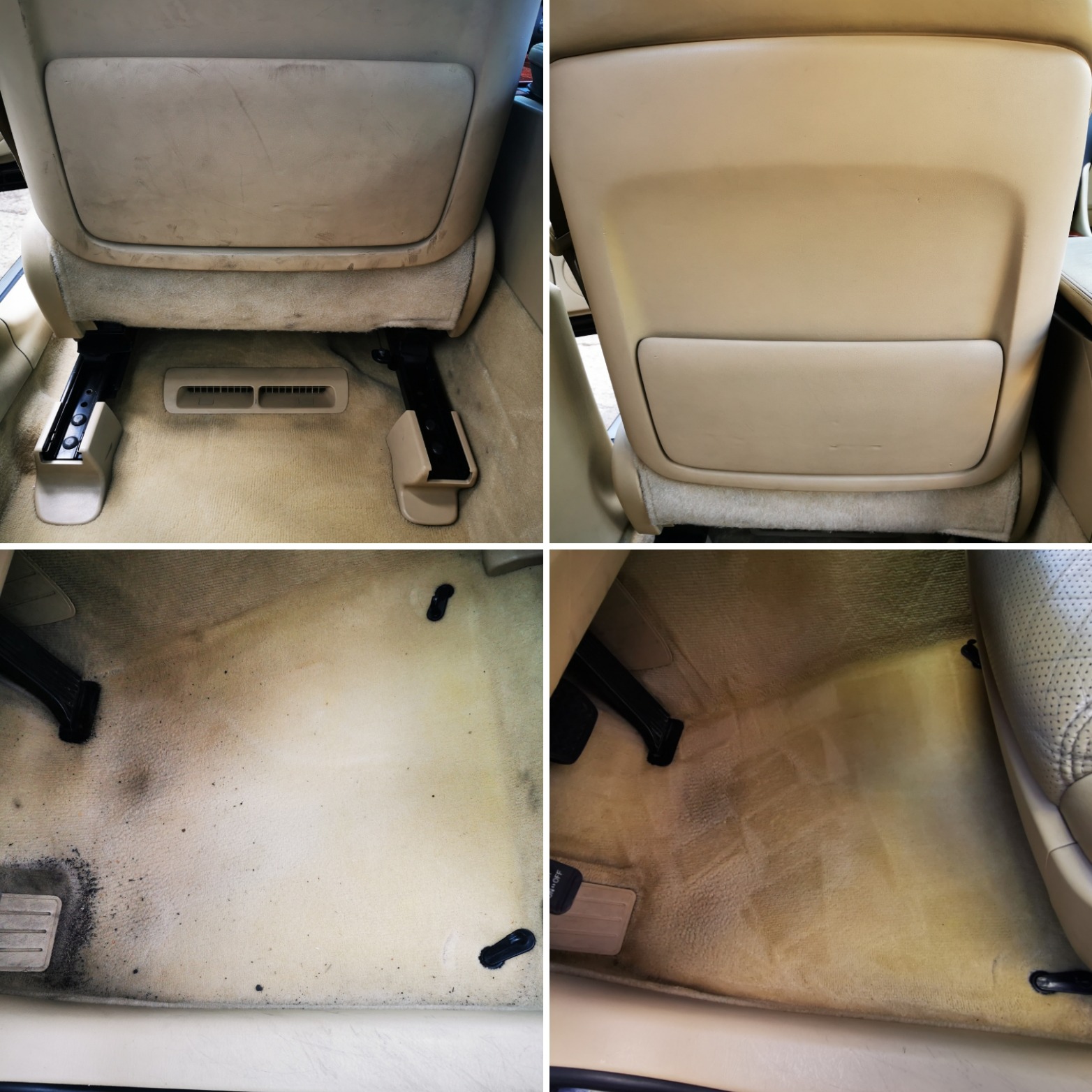 Kolaż przedstawia wnętrze samochodu z beżową tapicerką przed i po czyszczeniu: widoczne różnice w czystości dywaników i tylnej części fotela kierowcy.