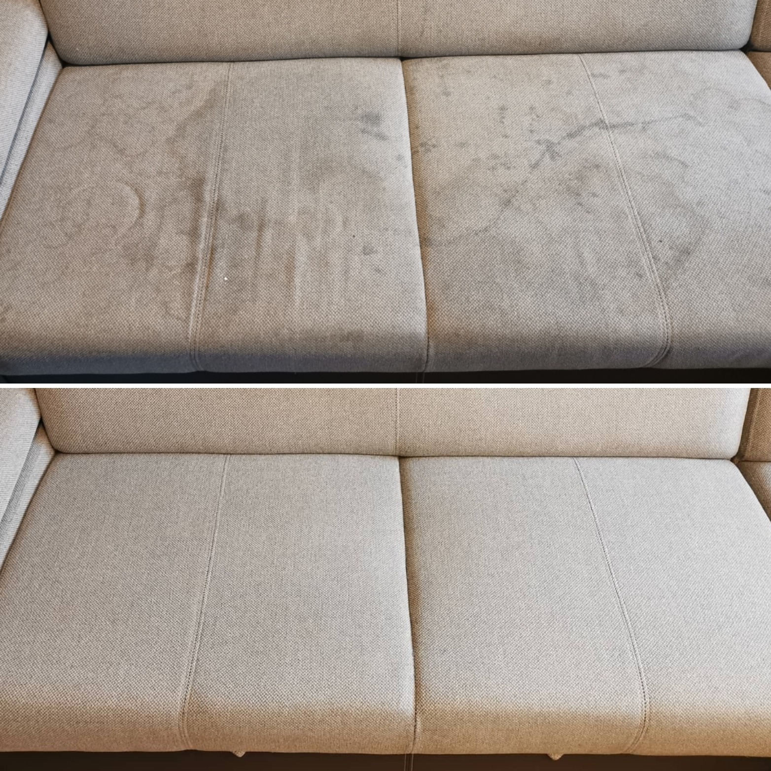 Beżowa kanapa z widocznym efektem czyszczenia tapicerki: górna połowa z plamami i zabrudzeniami, dolna połowa po wyczyszczeniu, z widoczną jednolitą barwą materiału.