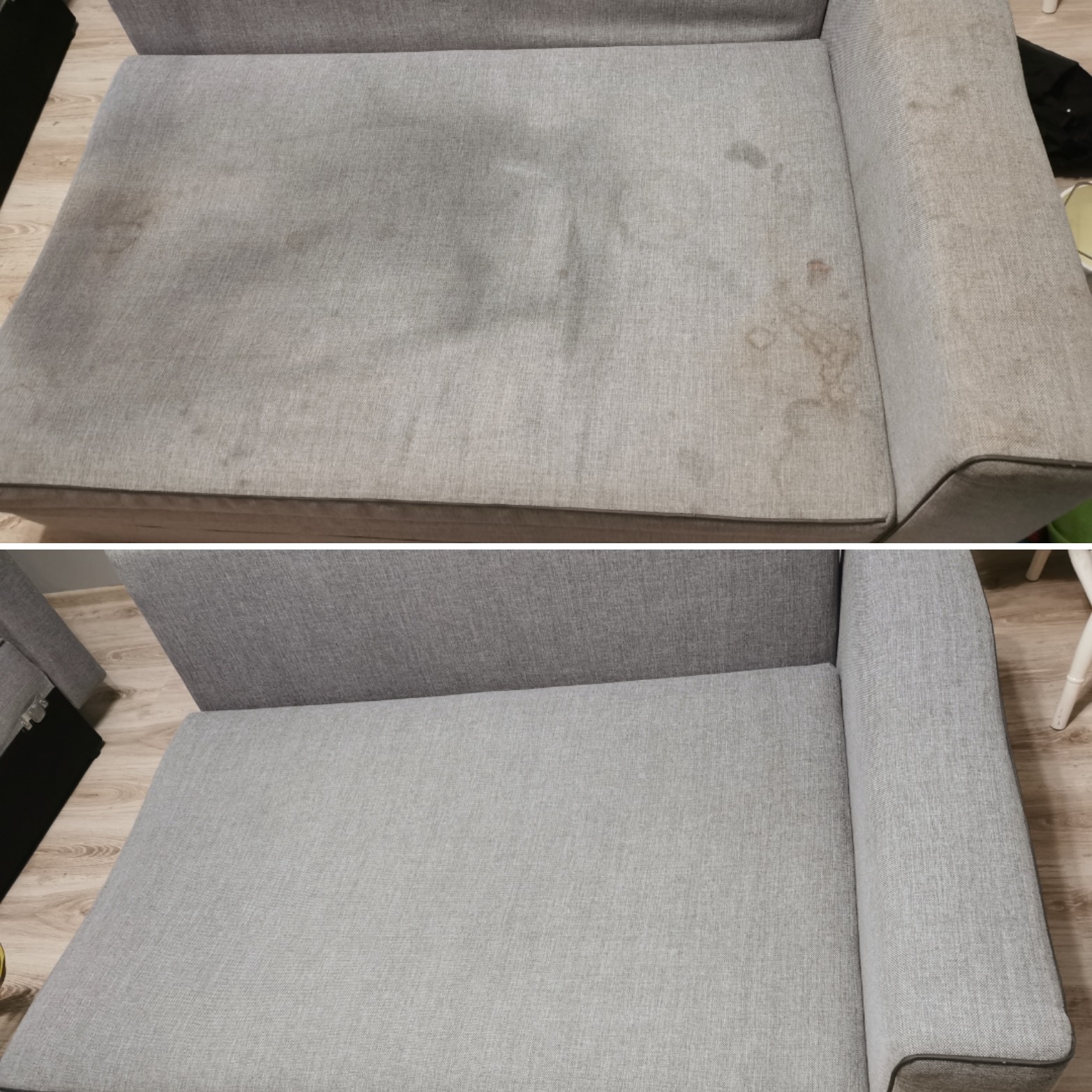 Szary narożnik w Łagowie: widok przed i po czyszczeniu, z wyraźną różnicą w usunięciu plam i zabrudzeń na tapicerce.