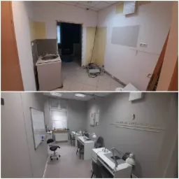 Zdjęcie typu 'przed i po' przedstawia wnętrze biura: górna część pokazuje pomieszczenie w trakcie demontażu z odsłoniętymi przewodami, niedokończonymi ścianami i umywalką na postumencie; dolna...