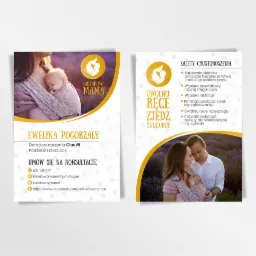 Dwustronna wizytówka doradcy noszenia dzieci z logo Kalinkowa Mama, prezentująca zalety chustonoszenia i dane kontaktowe, z motywem lawendy w tle.