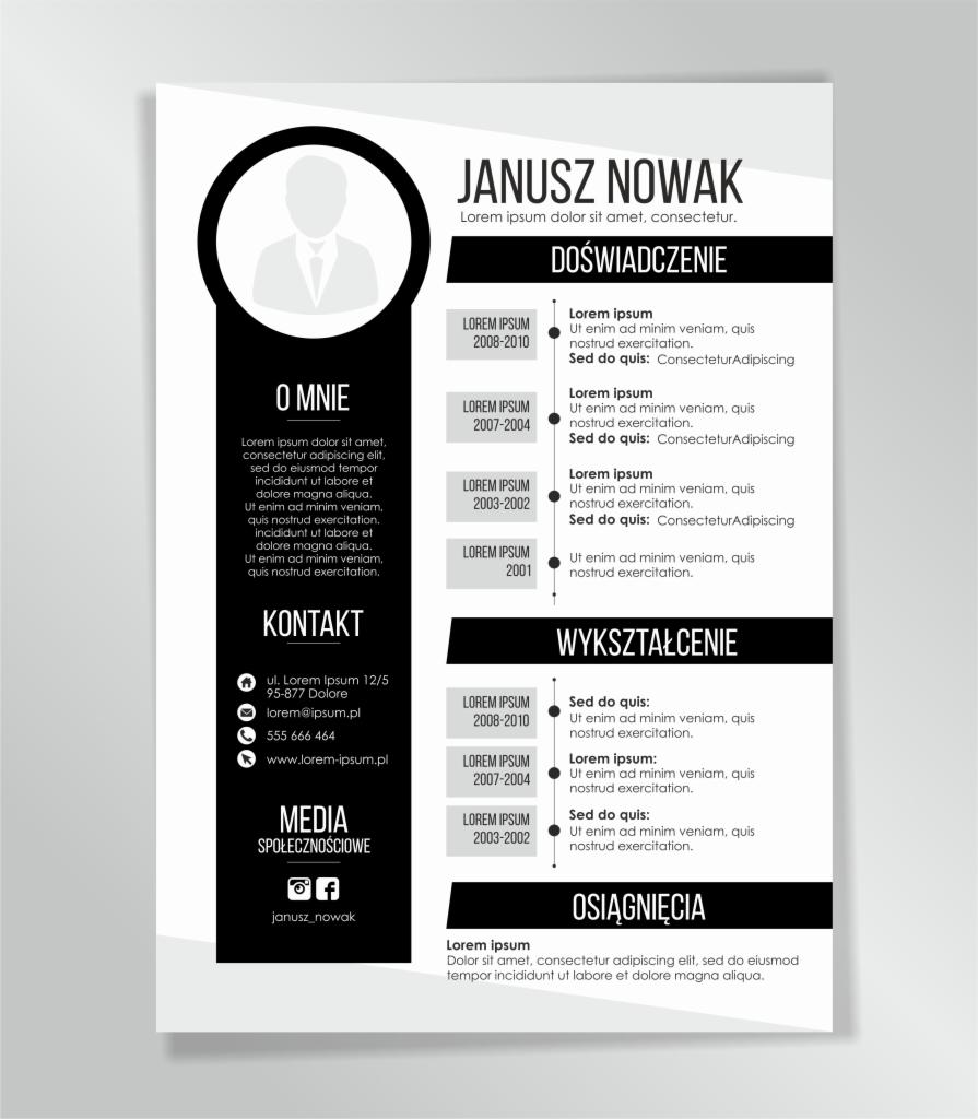 Czarno-biały szablon CV z miejscami na zdjęcie, dane kontaktowe, opis 'O mnie', doświadczenie, wykształcenie i osiągnięcia, z wykorzystaniem tekstu 'Lorem Ipsum'.