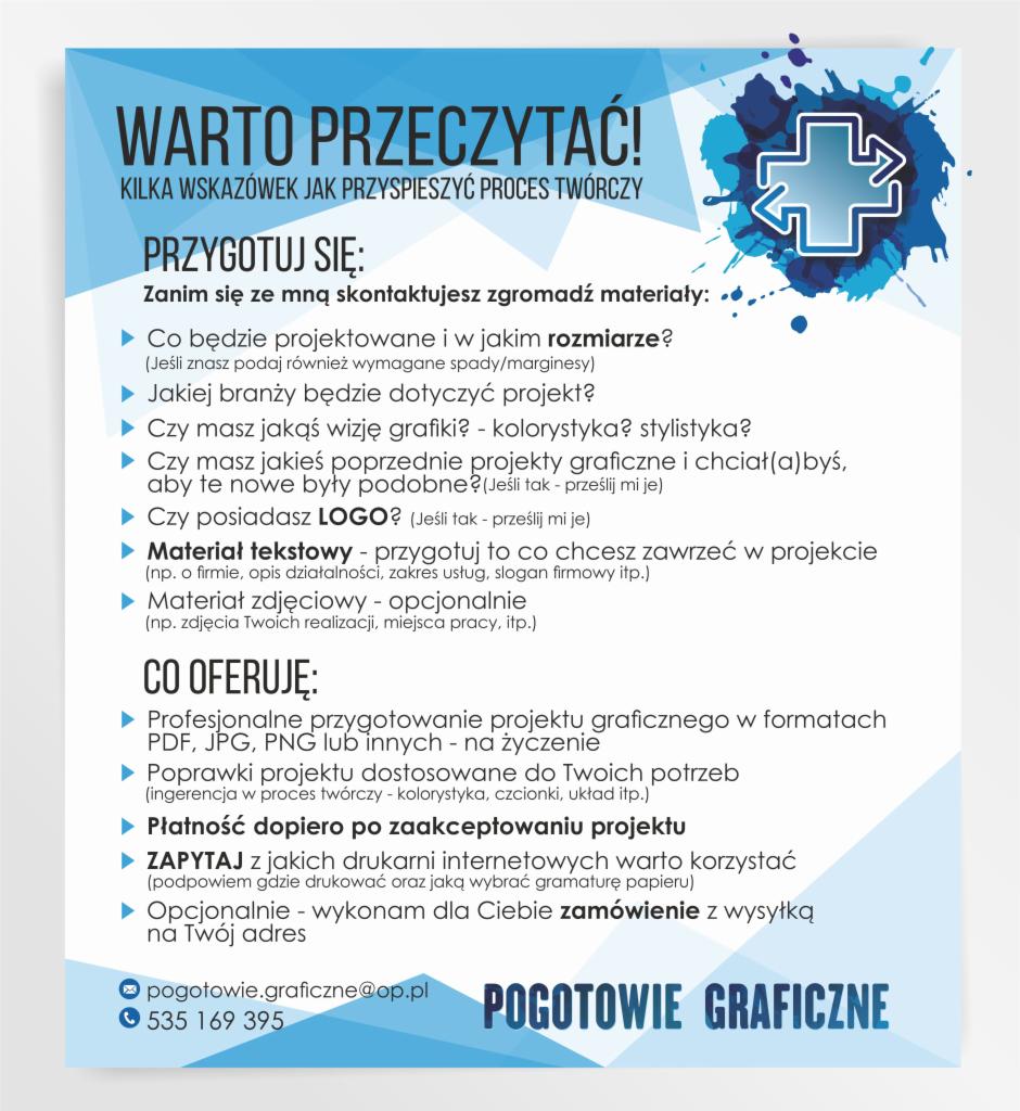 Plakat informacyjny z pytaniami pomocniczymi dla klienta przygotowującego się do zlecenia graficznego, oferujący profesjonalne przygotowanie projektu w różnych formatach, poprawki i płatność po...