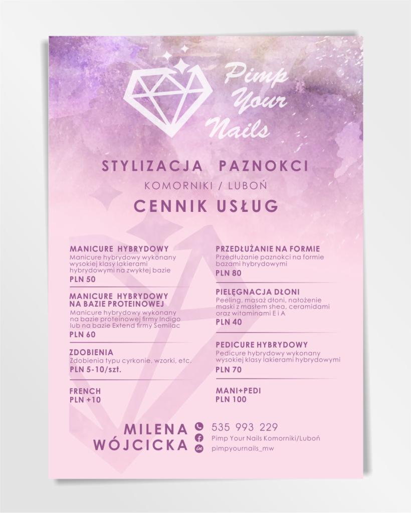 Cennik usług stylizacji paznokci z ofertą manicure hybrydowego, pedicure hybrydowego, przedłużania paznokci i pielęgnacji dłoni, na pastelowym tle z motywem akwareli i diamentu.