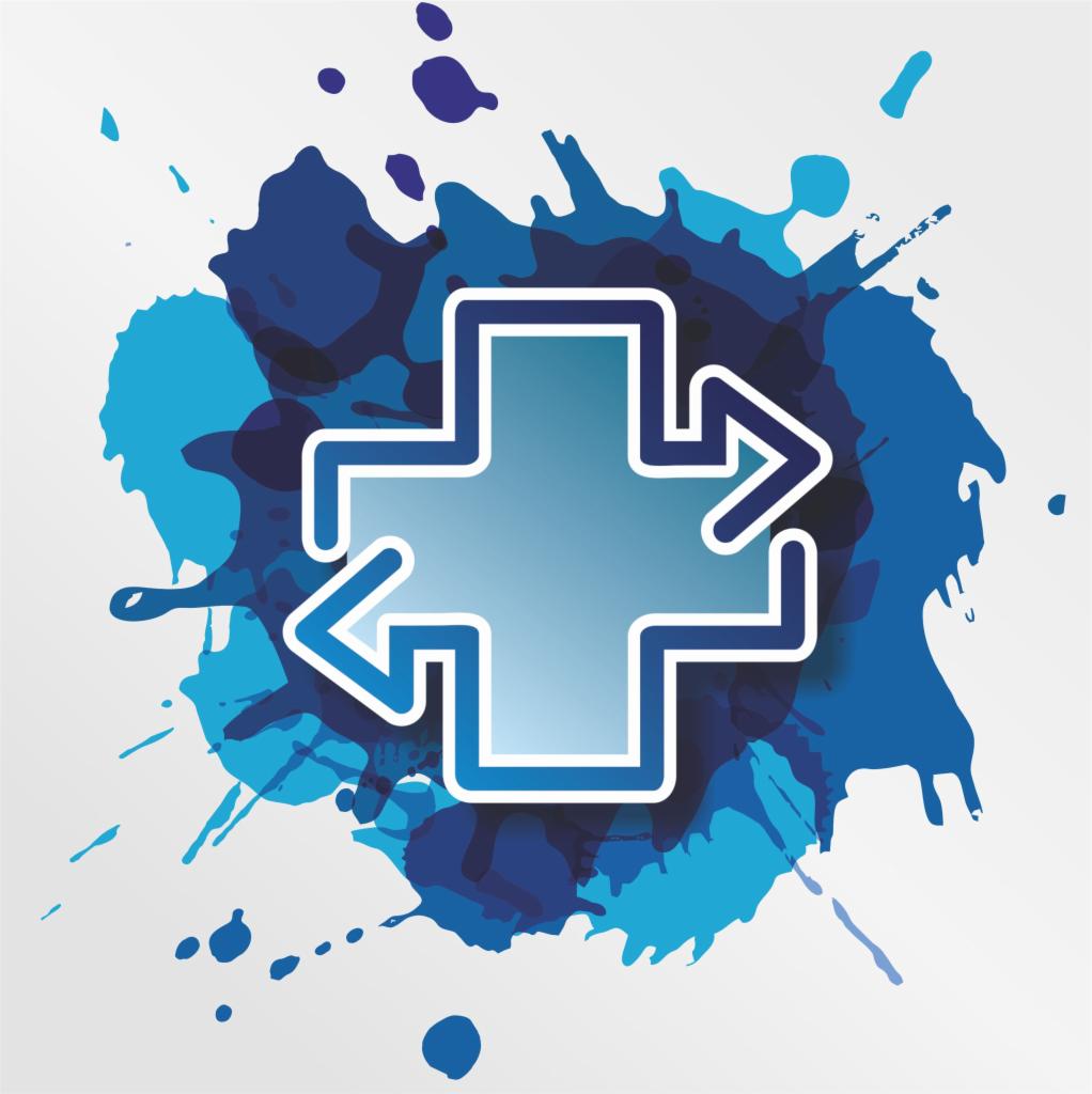 Stylizowany niebieski krzyż z czterema strzałkami na tle plam akwareli w odcieniach niebieskiego.